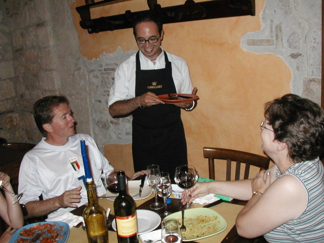Glenn and I with Piero at the Cantina di Biffi in Sulmona. Note bottle of Montepulciano d'Abruzzo on the table.